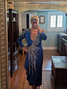 80s Does 40s Blue Silk Party Dress Sequined Wrap Style Pave